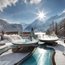 Winterliche Thermalpools vor schneebedeckten Bergen und strahlendem Sonnenschein